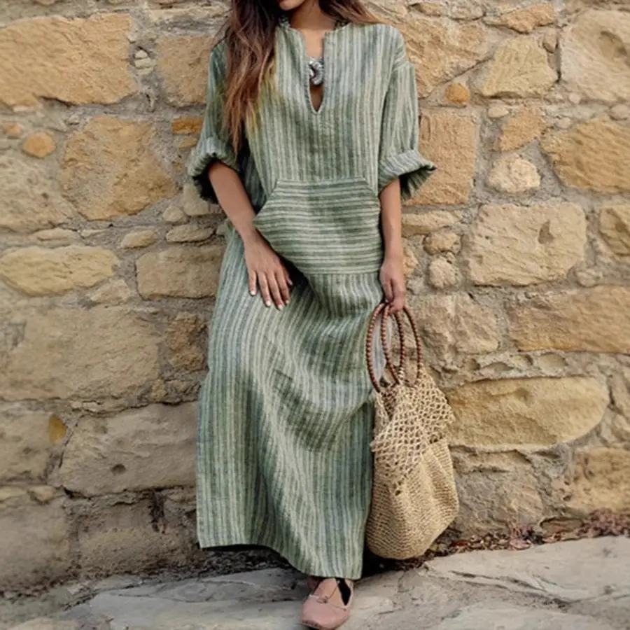 Green Striped Cotton Long Dress for Women