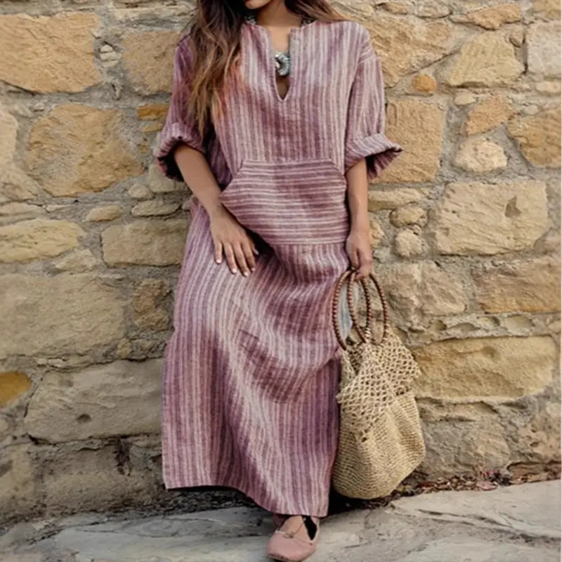 Green Striped Cotton Long Dress for Women
