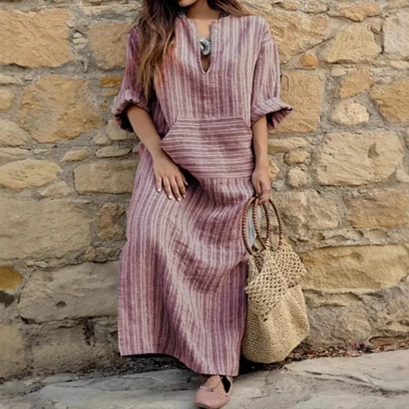 Green Striped Cotton Long Dress for Women