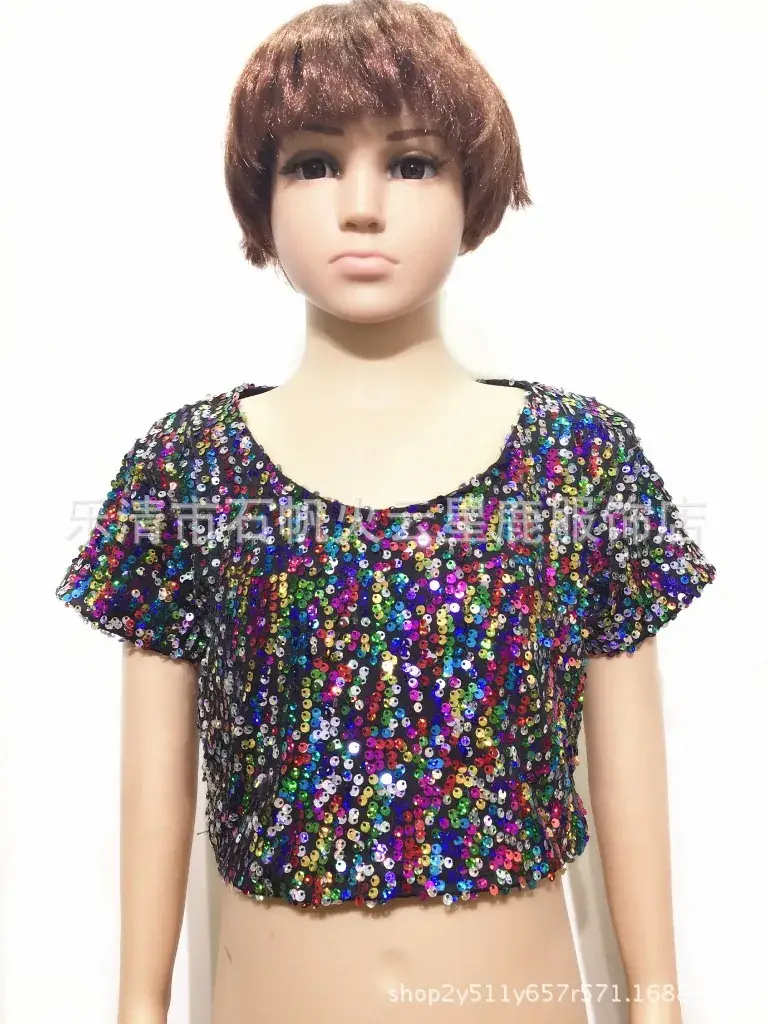 Children's Sequined T-Shirt Top Festival Chorus Dance Wear - Image 5