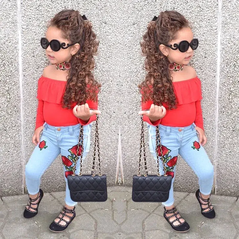 Children Red Top Off-Shoulder Rose Denim Trousers Set