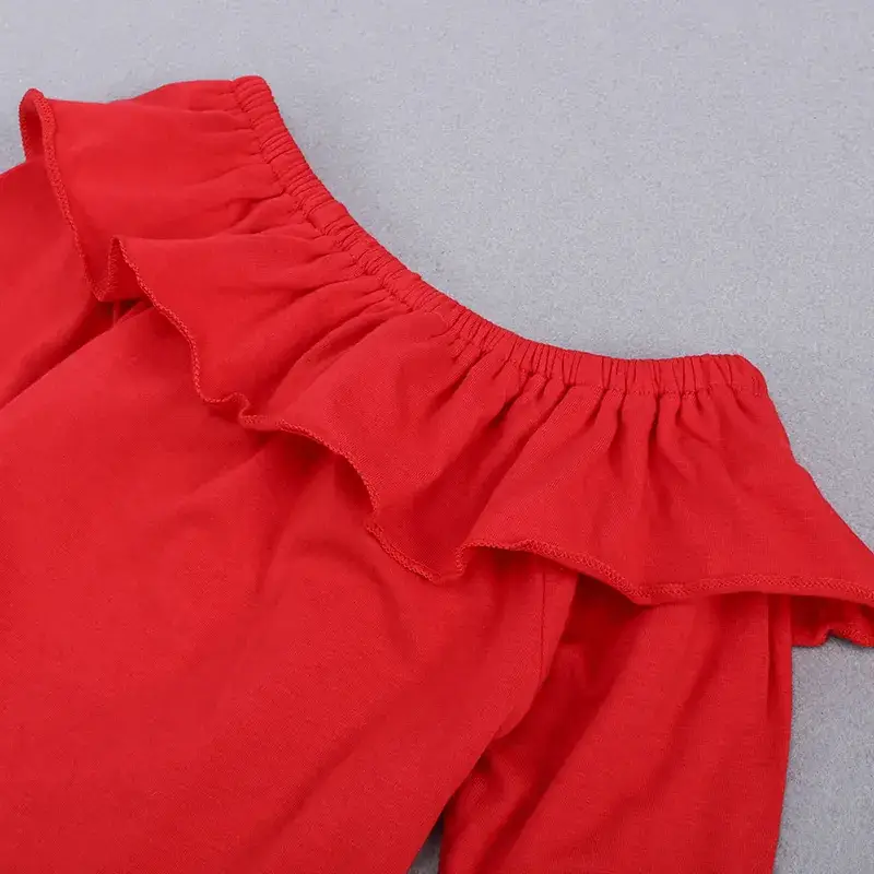 Children Red Top Off-Shoulder Rose Denim Trousers Set