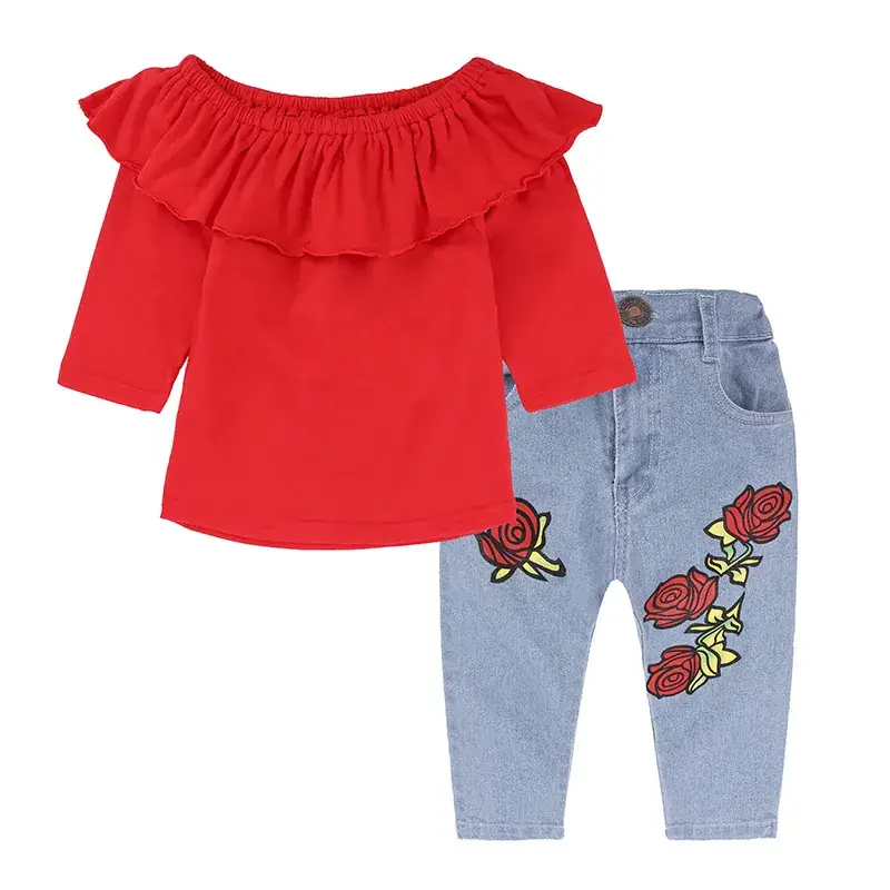Children Red Top Off-Shoulder Rose Denim Trousers Set