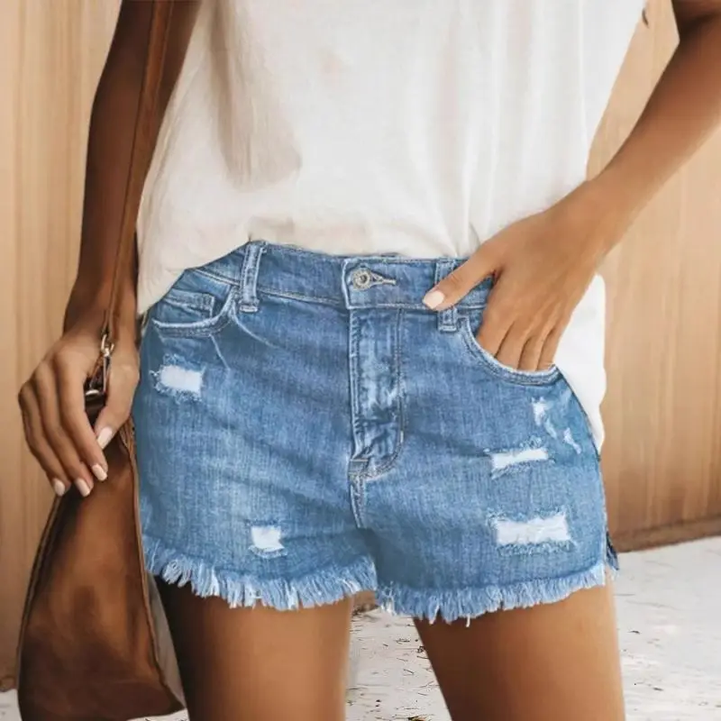 Women Fringed Ripped Denim Shorts Summer Wear - Image 5