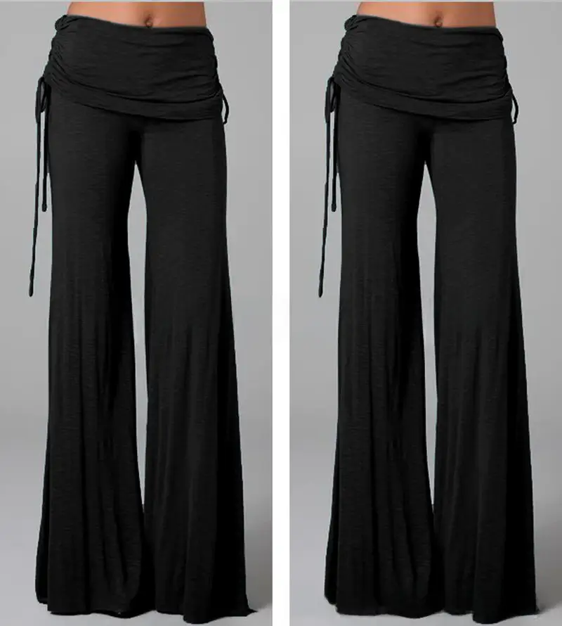 Black Wide Leg Bell Bottom Pants with Tie Waist - Image 2