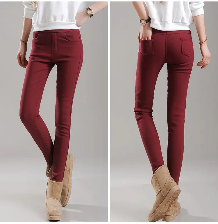 Women Fleece Leggings Maroon High Waist Stretch - Image 5