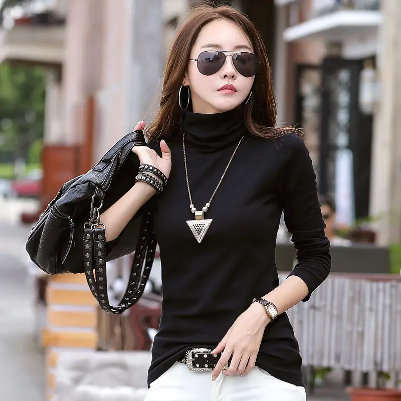 Men Grey High Collar T-Shirt Slim Fit Cotton Long Sleeve
