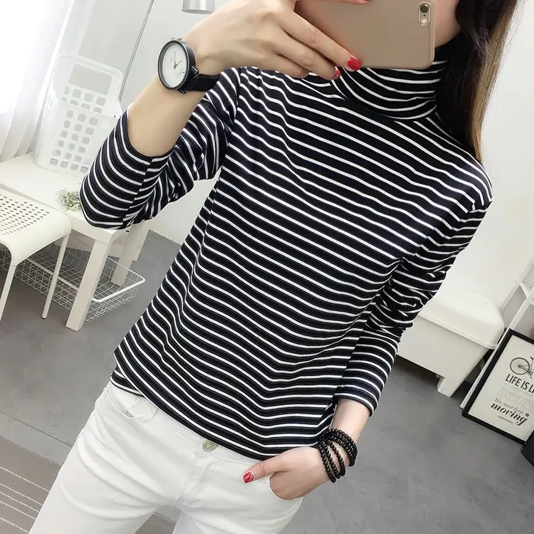 Women Striped Long Sleeve Top Black White Slim Fit