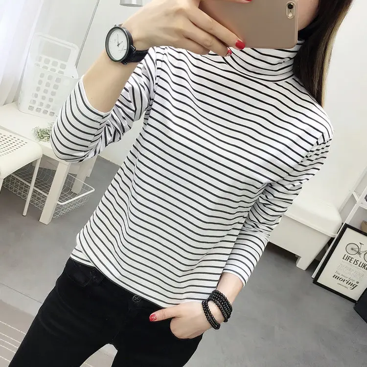 Women Striped Long Sleeve Top Black White Slim Fit