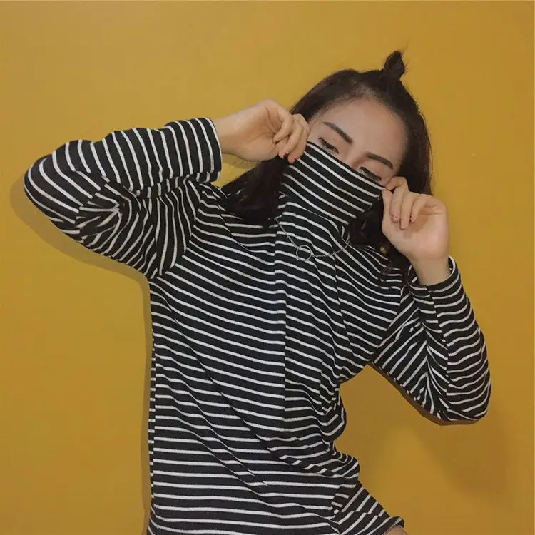 Women Striped Long Sleeve T-Shirt Black White High Neck - Image 3