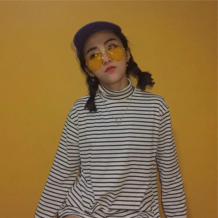 Women Striped Long Sleeve T-Shirt Black White High Neck - Image 4