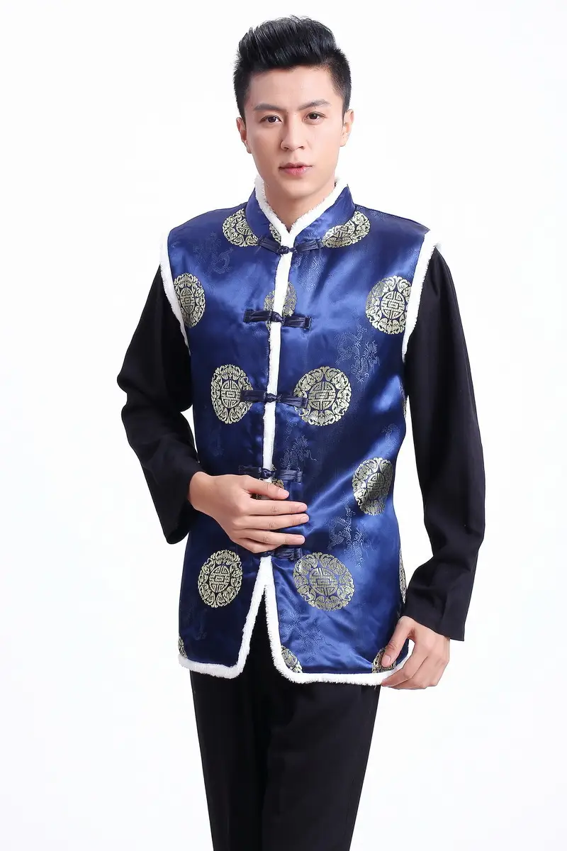 Blue Quilted Men's Ethnic Vest with White Trim - Image 3