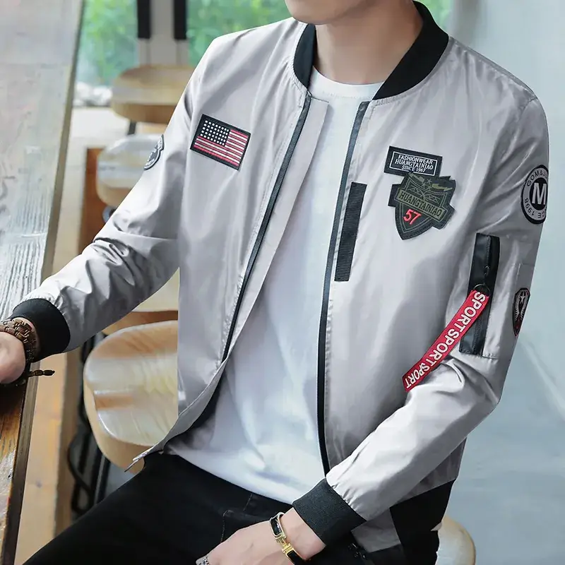 Men's Navy Blue Air Force Style Bomber Jacket with American Flag Patch - Image 7