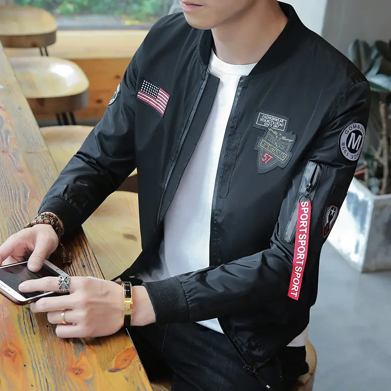 Men's Navy Blue Air Force Style Bomber Jacket with American Flag Patch — feature 1