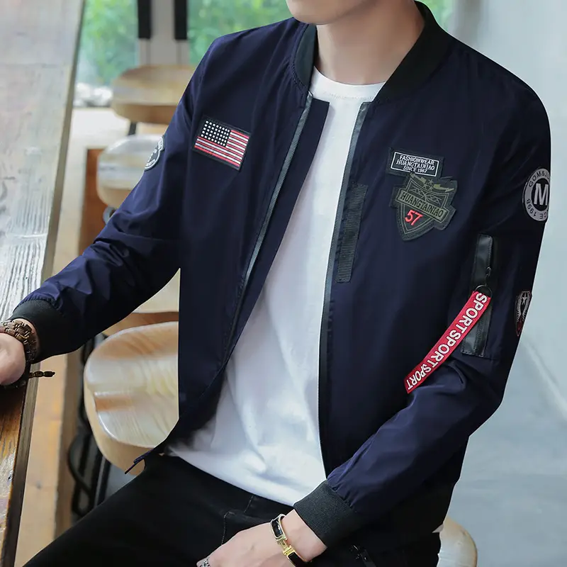 Men's Navy Blue Air Force Style Bomber Jacket with American Flag Patch — feature 10