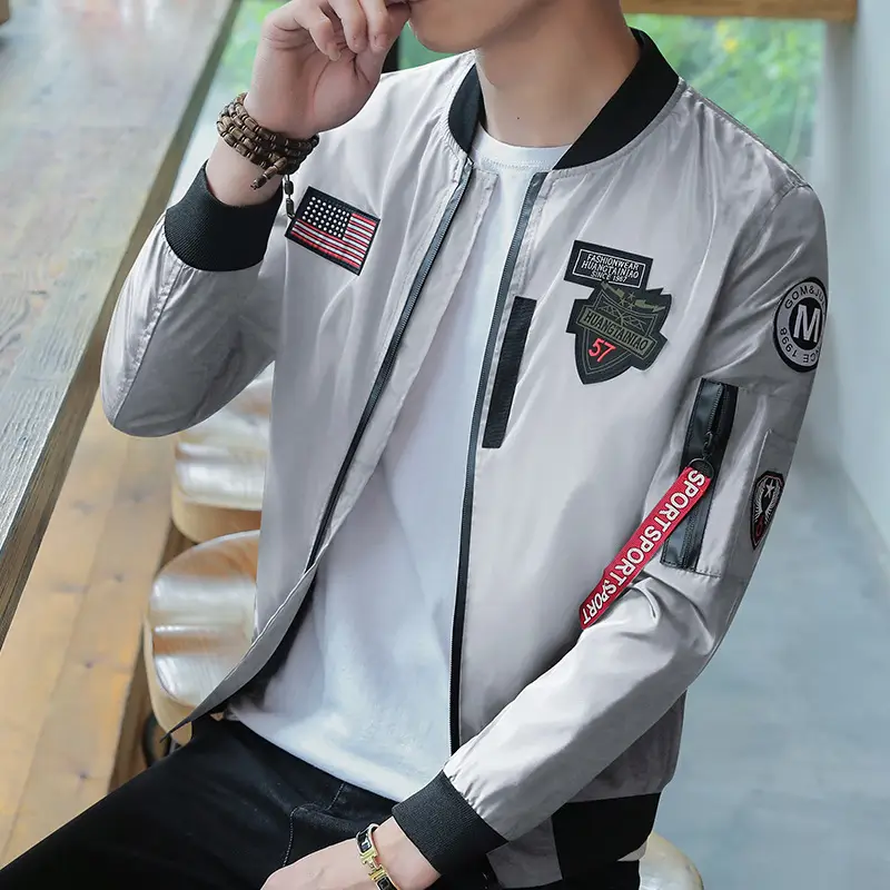 Men's Navy Blue Air Force Style Bomber Jacket with American Flag Patch — feature 12