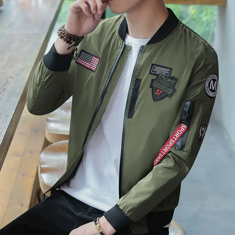 Men's Navy Blue Air Force Style Bomber Jacket with American Flag Patch — feature 13