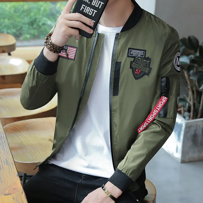 Men's Navy Blue Air Force Style Bomber Jacket with American Flag Patch — feature 14