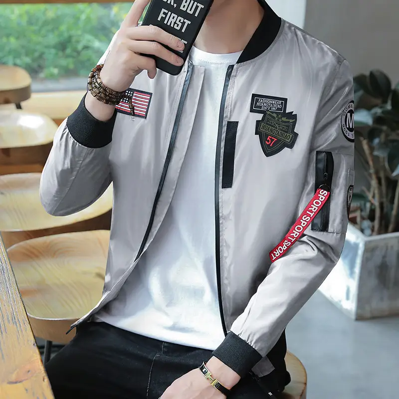 Men's Navy Blue Air Force Style Bomber Jacket with American Flag Patch — feature 16