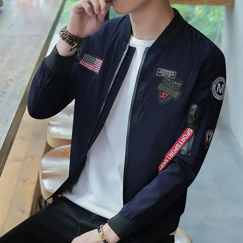 Men's Navy Blue Air Force Style Bomber Jacket with American Flag Patch — feature 17