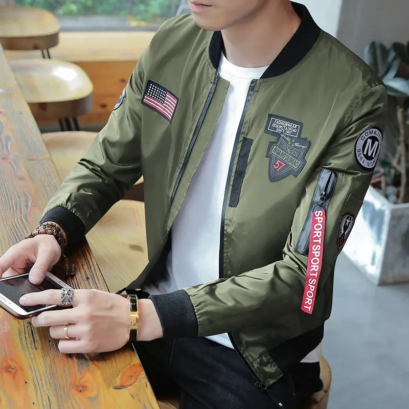 Men's Navy Blue Air Force Style Bomber Jacket with American Flag Patch — feature 2