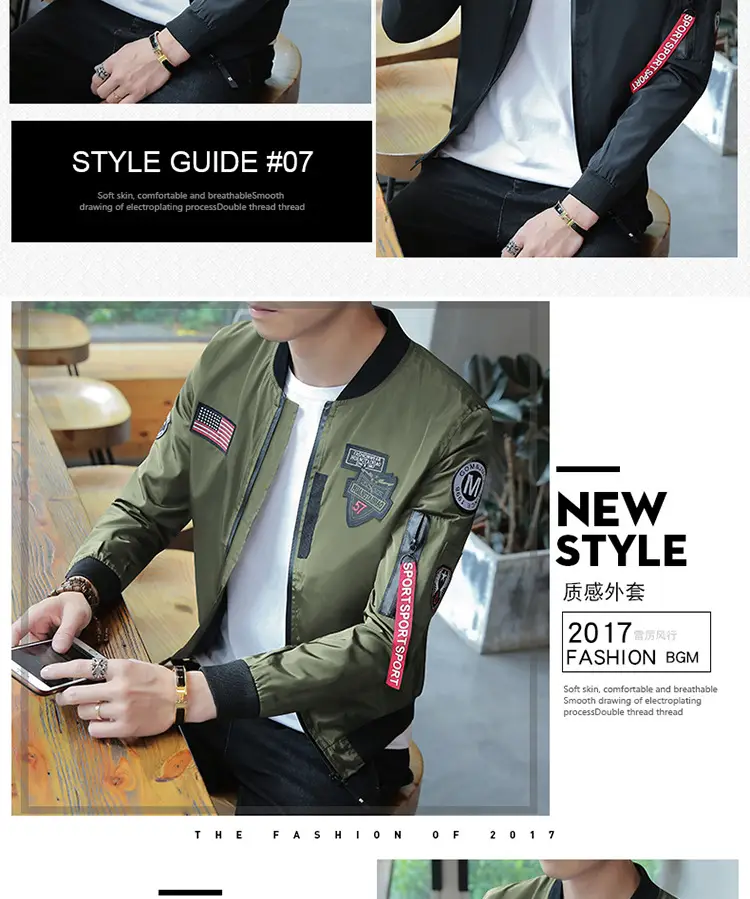 Men's Navy Blue Air Force Style Bomber Jacket with American Flag Patch — feature 25