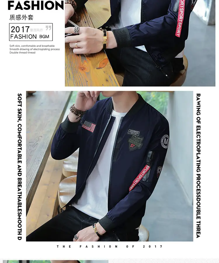 Men's Navy Blue Air Force Style Bomber Jacket with American Flag Patch — feature 26