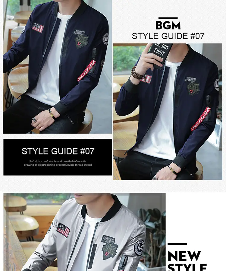 Men's Navy Blue Air Force Style Bomber Jacket with American Flag Patch — feature 27