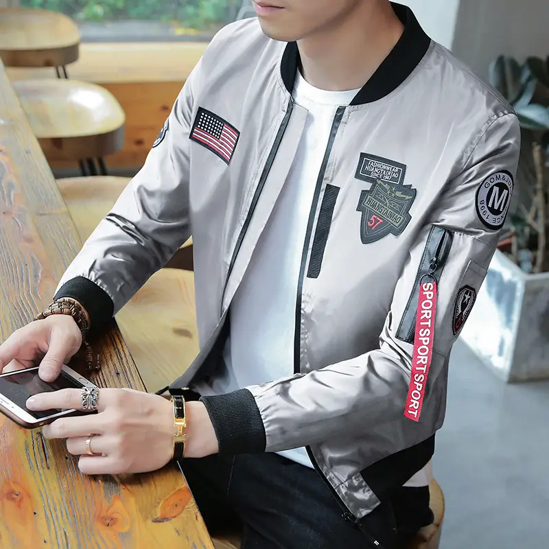 Men's Navy Blue Air Force Style Bomber Jacket with American Flag Patch — feature 6