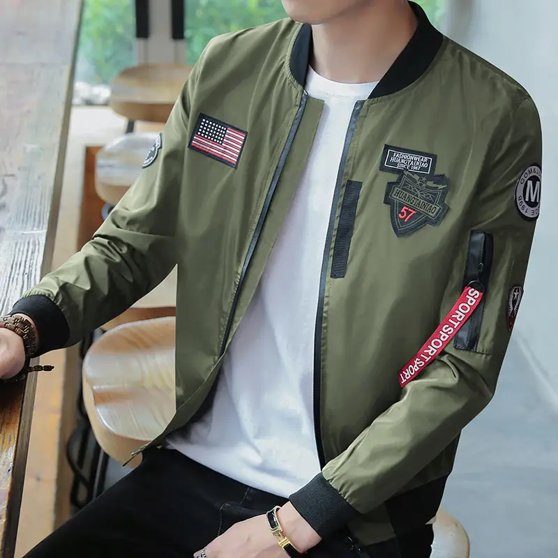 Men's Navy Blue Air Force Style Bomber Jacket with American Flag Patch — feature 9
