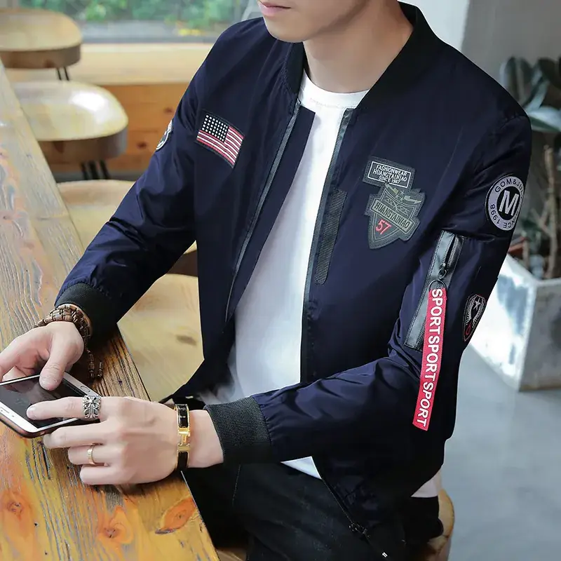 Men's Navy Blue Air Force Style Bomber Jacket with American Flag Patch - Image 2