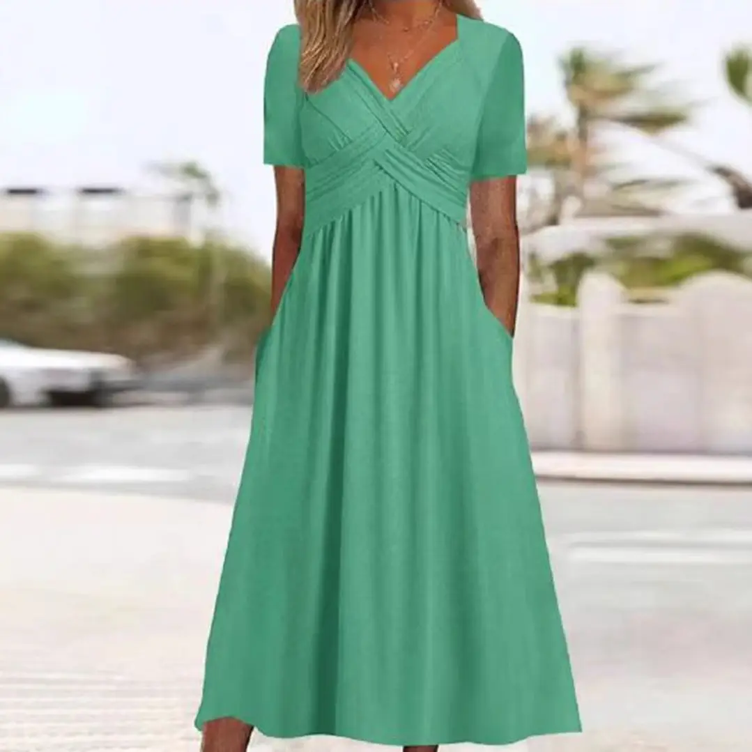 Blue V-Collar Short Sleeve Women's Dress - Image 8
