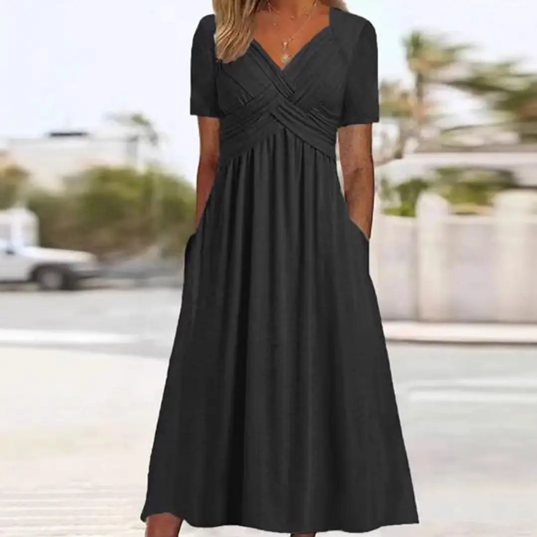 Blue V-Collar Short Sleeve Women's Dress - Image 9