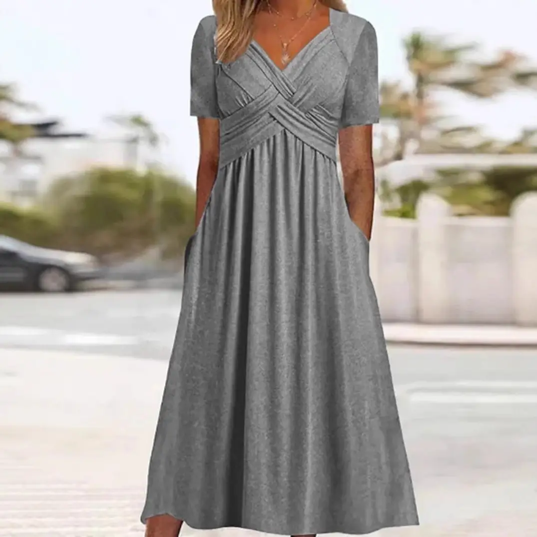 Blue V-Collar Short Sleeve Women's Dress - Image 10