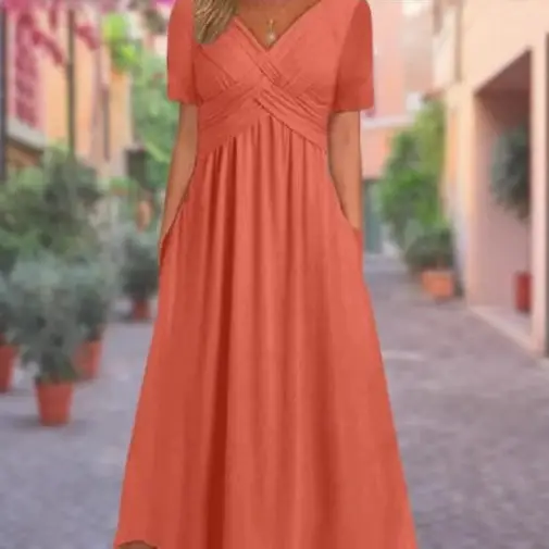 Blue V-Collar Short Sleeve Women's Dress - Image 11