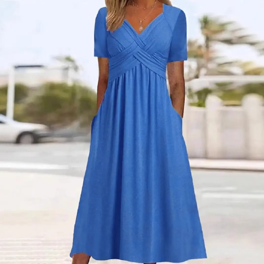 Blue V-Collar Short Sleeve Women's Dress - Image 12