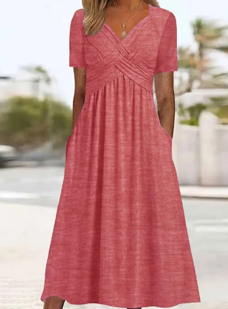 Blue V-Collar Short Sleeve Women's Dress - Image 3