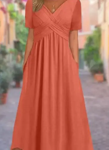 Blue V-Collar Short Sleeve Women's Dress - Image 5