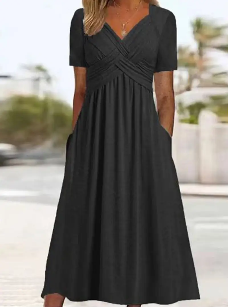 Blue V-Collar Short Sleeve Women's Dress - Image 7