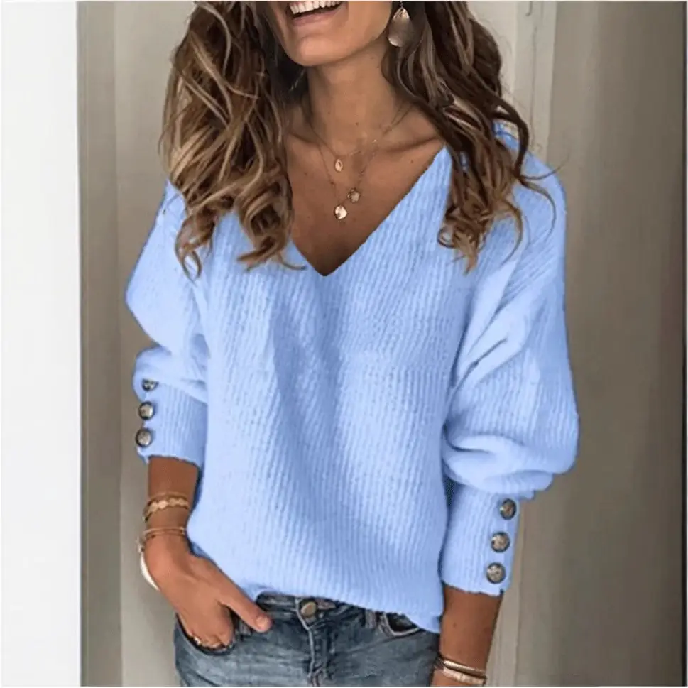 White Knitted V Neck Long Sleeve T-Shirt for Women - Image 12
