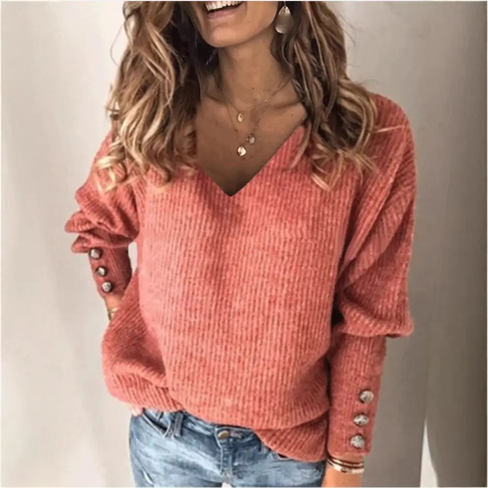 White Knitted V Neck Long Sleeve T-Shirt for Women - Image 13