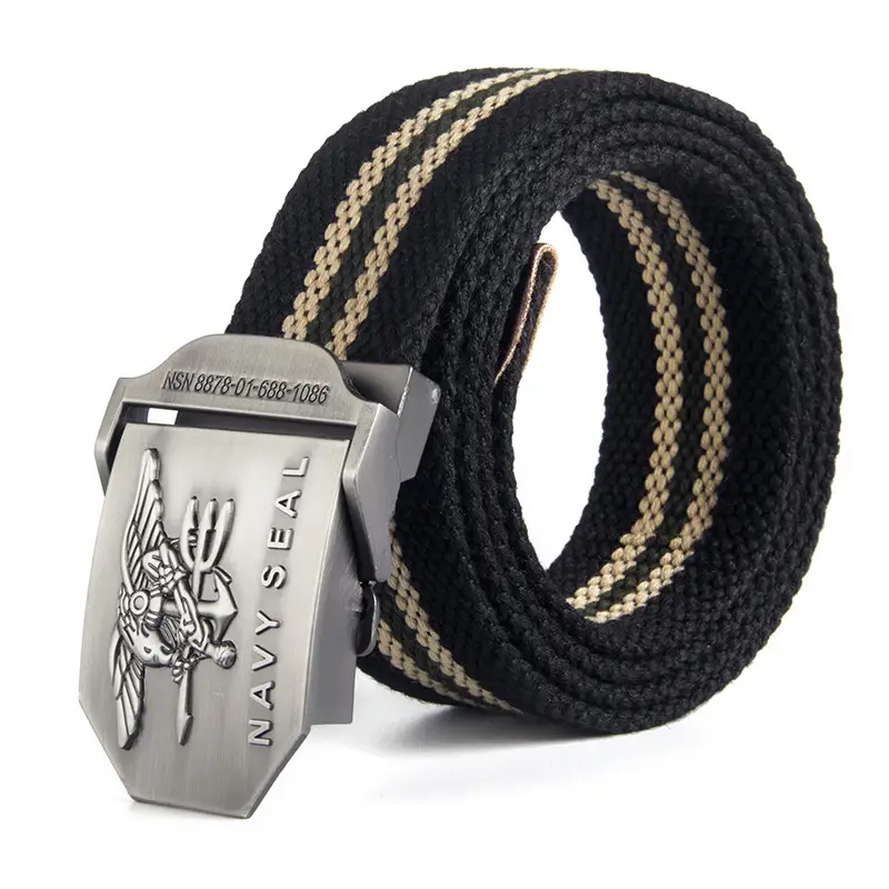 Men's Navy Canvas Belt with Silver Metal Buckle