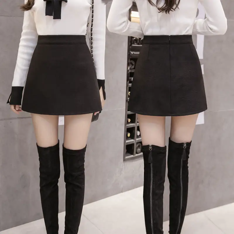 Black Woolen One-Step Skirt High Waist Slimming - Image 3
