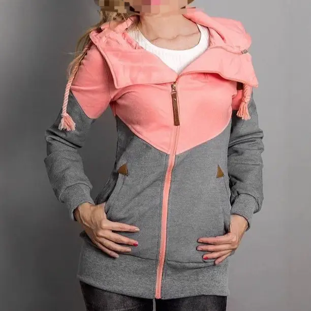 Women's Color Block Hooded Sweatshirt with Double Zipper - Image 2
