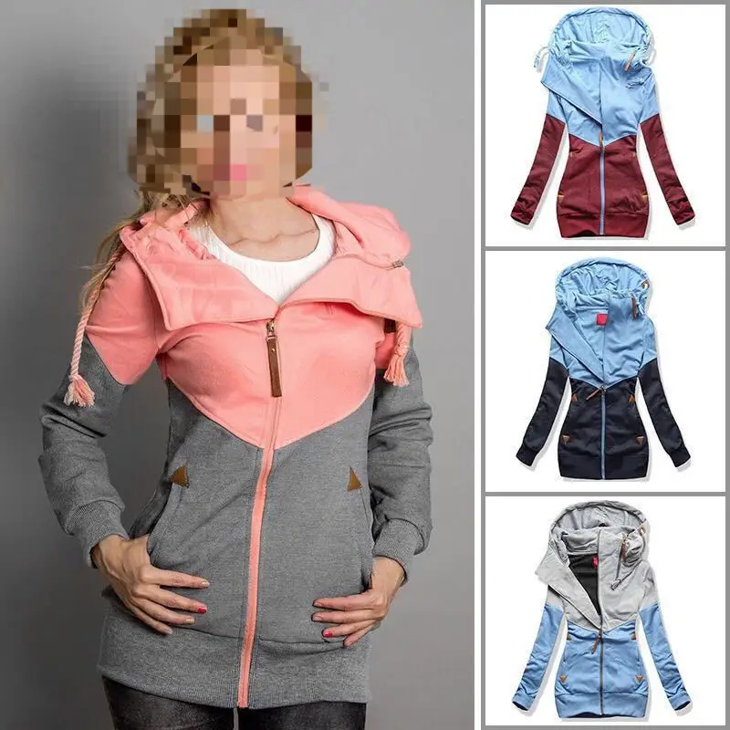 Women's Color Block Hooded Sweatshirt with Double Zipper — feature 1
