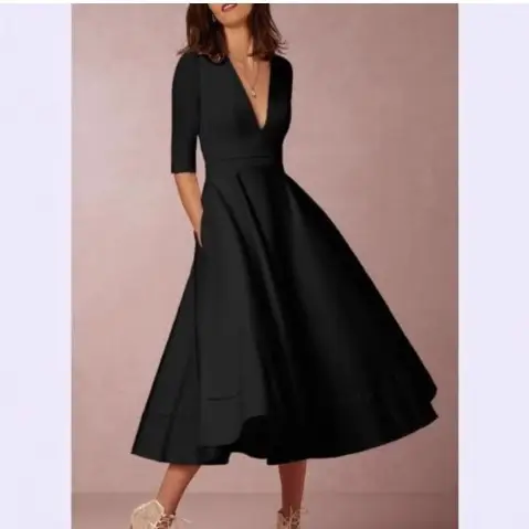 Black V-Neck A-Line Dress Large Size - Image 3