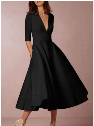 Black V-Neck A-Line Dress Large Size — feature 6