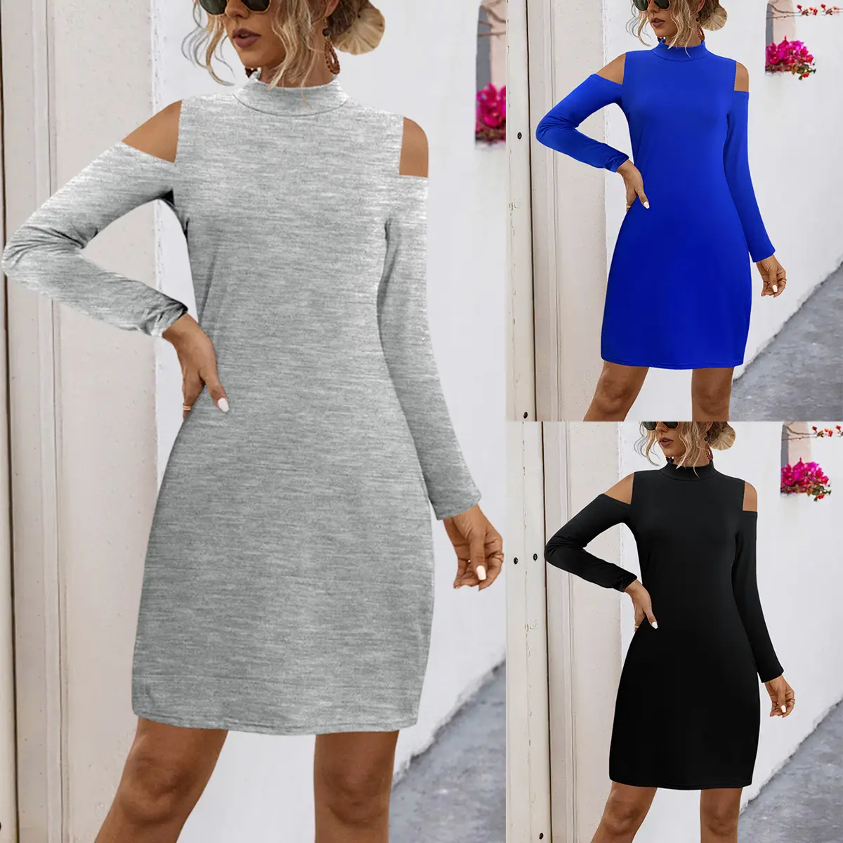 Black Cold Shoulder Long Sleeve Dress for Women - Image 4
