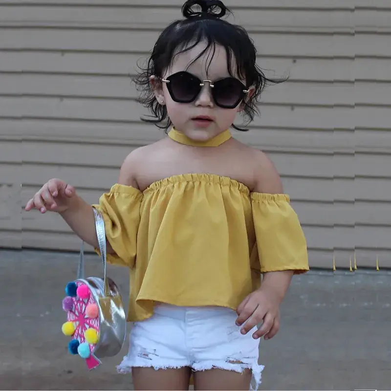 White Off-Shoulder Girls Shorts Set Summer