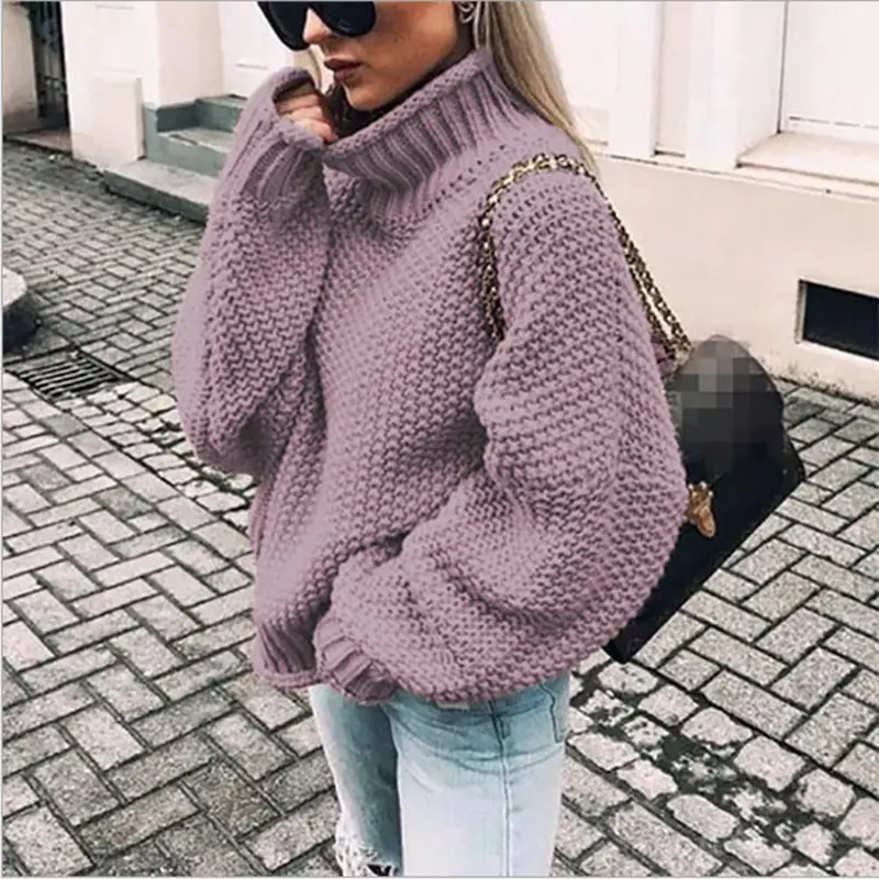Women Loose Turtleneck Sweater Light Blue 2025 Winter
